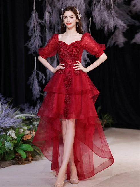 Wine Red Tulle High Low Short Sleeves Party Dress, Wine Red Tulle Prom Dress